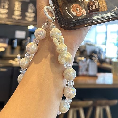 KC Keychain Phone Wrist Strap Pearl Beaded Mobile Phone Charm Hanging Bracelet Rabbit Lanyard for Phone, Purse, Camera, Bags, Case Cover For Girls Women White - Image 4