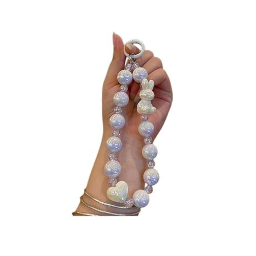 KC Keychain Phone Wrist Strap Pearl Beaded Mobile Phone Charm Hanging Bracelet Rabbit Lanyard for Phone, Purse, Camera, Bags, Case Cover For Girls Women White - Image 1