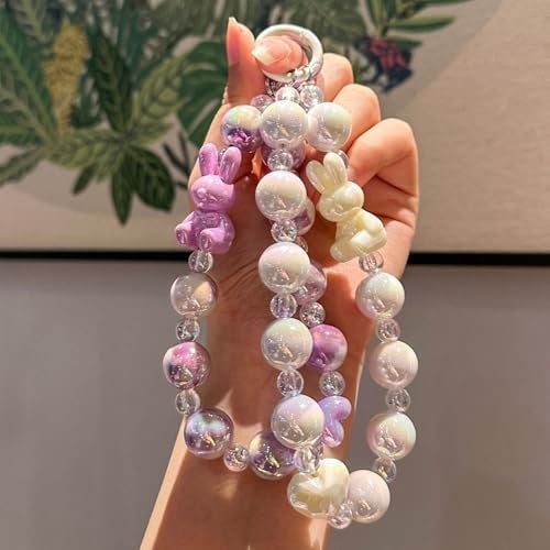 KC Keychain Phone Wrist Strap Pearl Beaded Mobile Phone Charm Hanging Bracelet Rabbit Lanyard for Phone, Purse, Camera, Bags, Case Cover For Girls Women White - Image 5