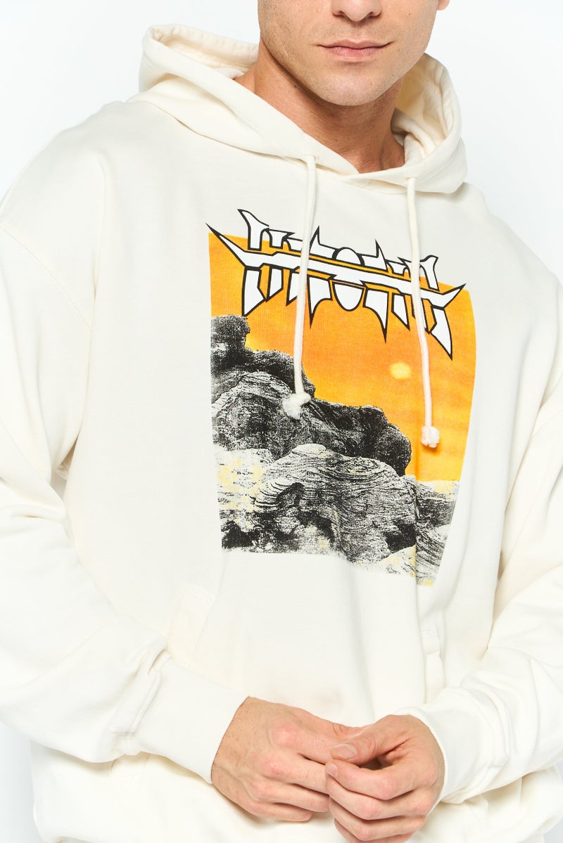 DIESEL سويت شيرت رجالي بأكمام طويلة مع غطاء رأس وطباعة جرافيك، أبيض فاتح - Image 3