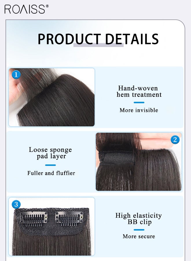 roaiss 2Pcs Clip in Hair Extensions,Human Hair Straight Clip Hairpiece Adjustable Straight Fluffy Hair Pieces for Women Girls, Seamless Top Invisibility Piece Sponge Pad Hair Extensions Brown Black - Image 2