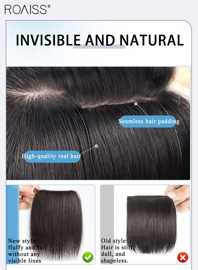 roaiss 2Pcs Clip in Hair Extensions,Human Hair Straight Clip Hairpiece Adjustable Straight Fluffy Hair Pieces for Women Girls, Seamless Top Invisibility Piece Sponge Pad Hair Extensions Brown Black - Image 3