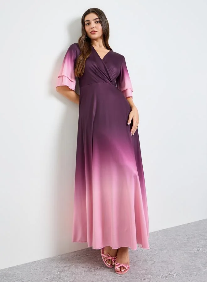 Styli Ombre Print V-Neck Short Sleeve Maxi Dress