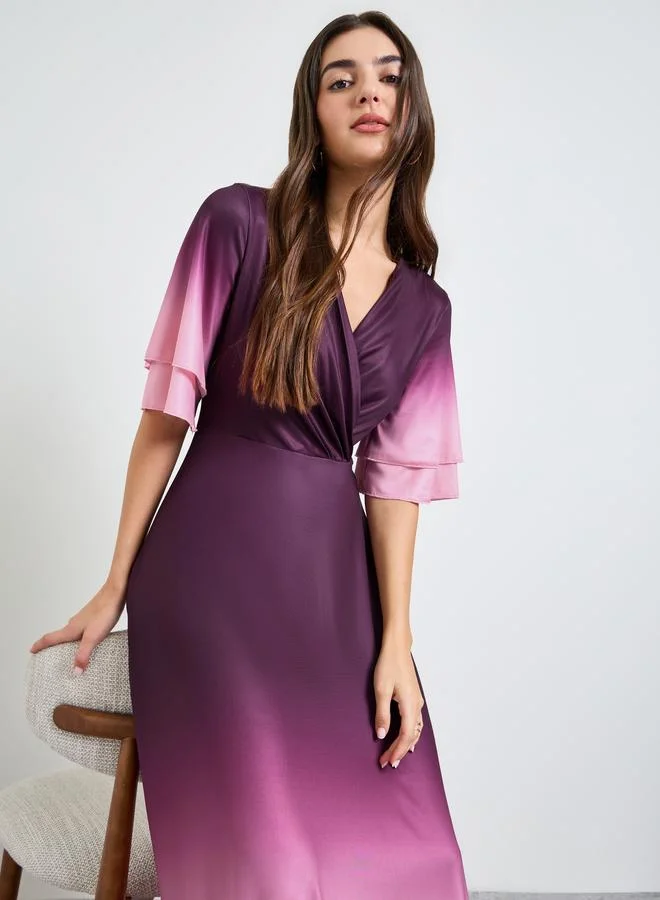 Styli Ombre Print V-Neck Short Sleeve Maxi Dress