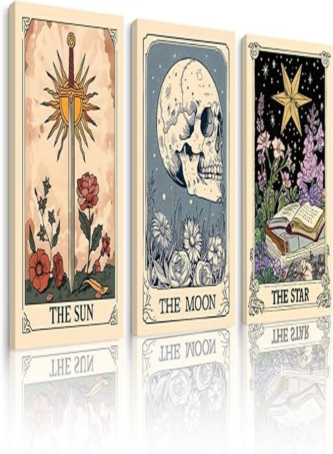 Tarot Card Wall Art Sun Moon Canvas Wall Decor Mystical Astrology Wall Art Boho Celestial Prints Star Skull Poster Tarot Card Picture for Living Room Bedroom 12x16x3 Inch Framed