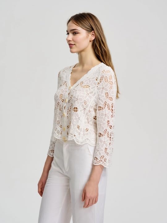 ICW Women Knitted Boho V-Neck Long Sleeve Crochet Hollow Out Openwork Floral Embroidery Top Shirt DN33086 (in, Alpha, XS, Regular, Apricot) - Image 5