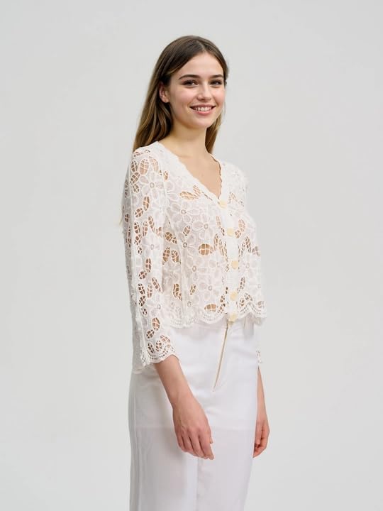 ICW Women Knitted Boho V-Neck Long Sleeve Crochet Hollow Out Openwork Floral Embroidery Top Shirt DN33086 (in, Alpha, XS, Regular, Apricot) - Image 3