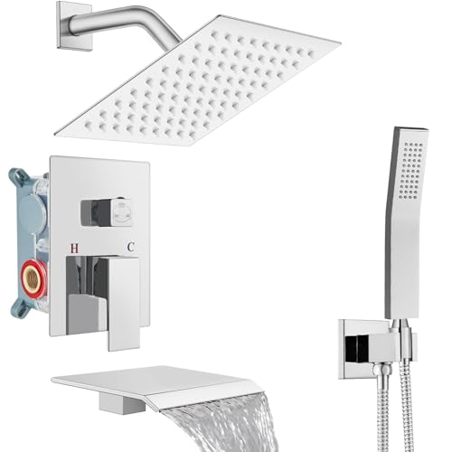 Midanya Shower System with Tub Spout,Bathtub Shower Faucet Set with Square Rainfall Head and Handheld Sprayer Wall Mount Tub Faucet Set with Valve and Trim Kit,8 Inch Polish Chrome - Image 1