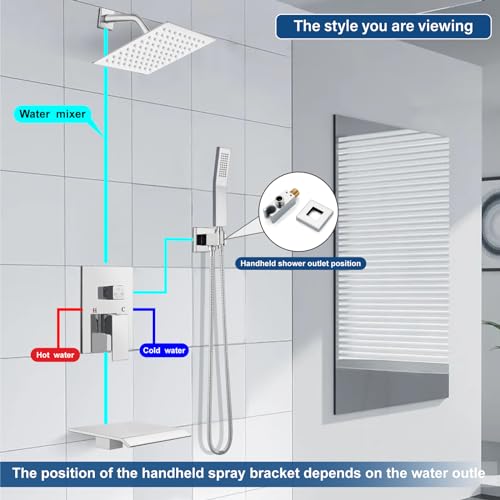 Midanya Shower System with Tub Spout,Bathtub Shower Faucet Set with Square Rainfall Head and Handheld Sprayer Wall Mount Tub Faucet Set with Valve and Trim Kit,8 Inch Polish Chrome - Image 5