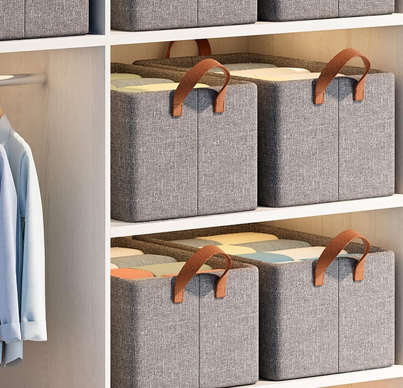 AAGNA AAGNA Wardrobe Organizer for Clothes with Metal Frame Rectangle Storage Baskets for Clothing Fabric Storage Box with Handles Shelf Basket Storage Clothes Pants Jeans Shirt Sweater Pack of 2 Grey - Image 4