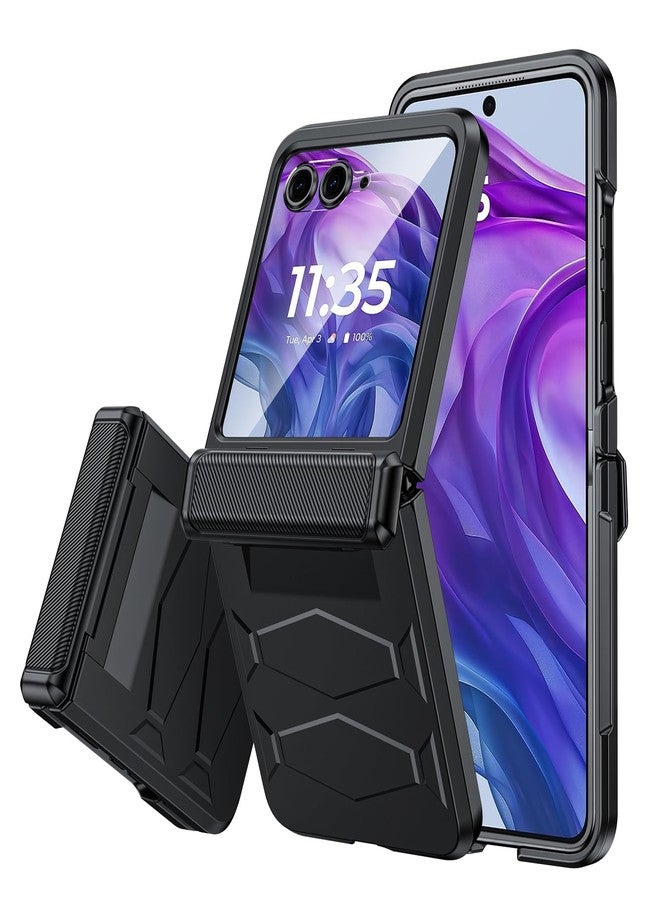 جراب Vizvera لهاتف Motorola Razr+ (Plus) 2024 مع غطاء مفصلي، واقي شاشة مدمج، مقاوم للصدمات، غطاء شامل للهاتف الذكي، شحن لاسلكي لهاتف Motorola Razr+ (Plus) 2024 (أسود) - Image 1