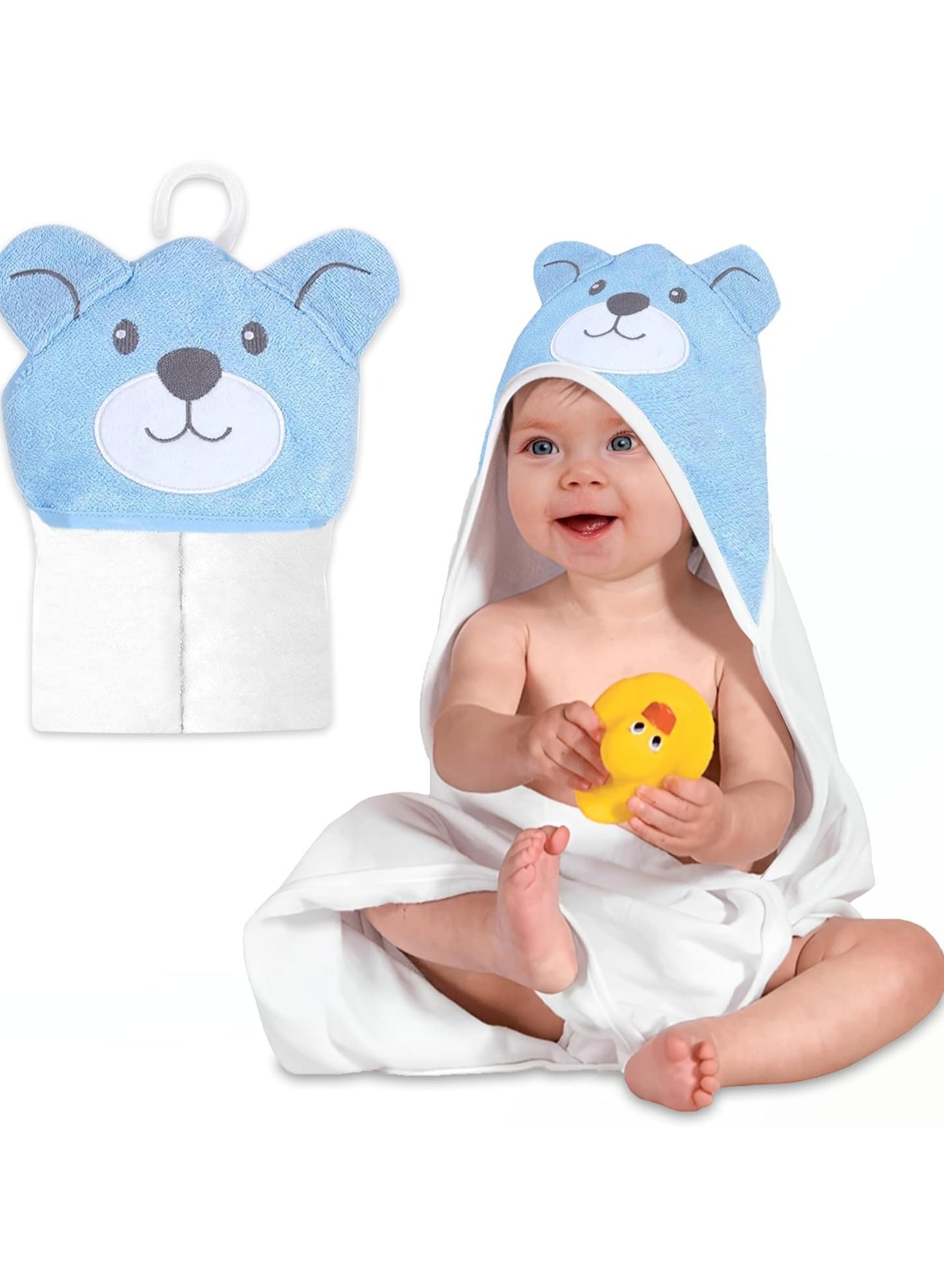 Mothers Choice Hooded Baby Towel Bear 3D Ears -100% Cotton Baby Towel -Soft & Snuggly Baby Towel - 84x84 cm- Newborn to 4 Years - White/Blue