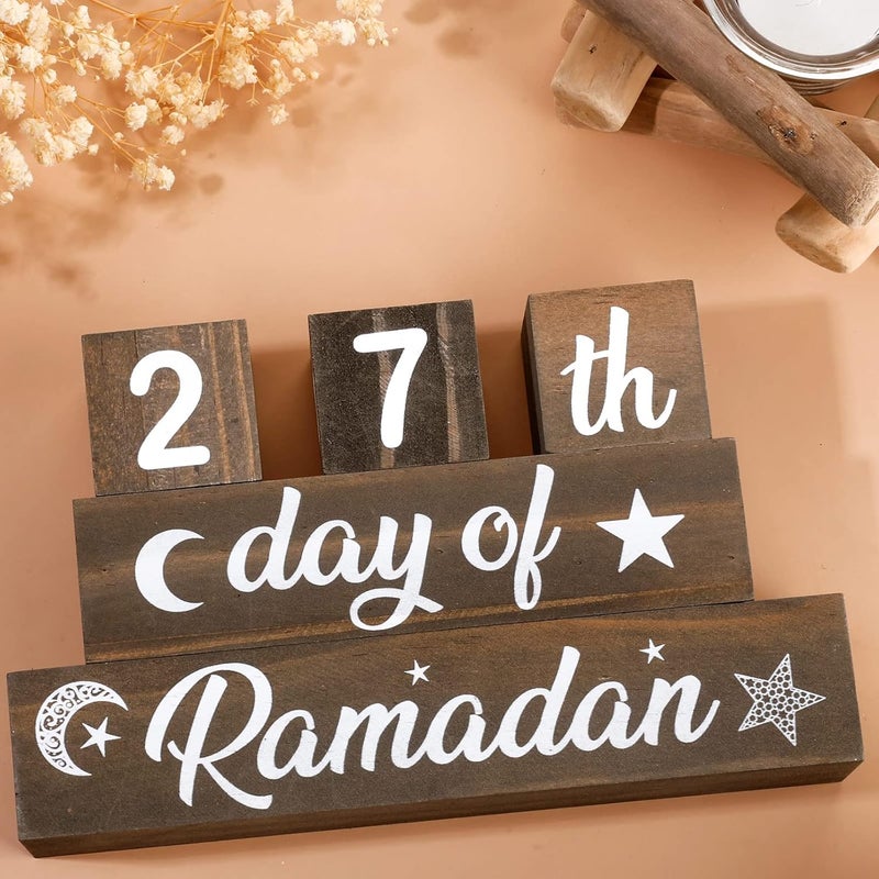 Chunful 5 Pieces Ramadan Calendar Block Set Ramadan Advent Countdown Eid Calendar Countdown Calendar Ramadan Table Decor Ramadan Wood Sign Ramadan Mubarak Wooden Ornament Block (Light Brown) - Image 4