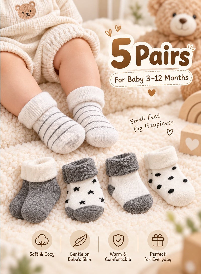 Baby Socks 5 Pairs Warm Infant Socks in White and Grey With Star, Stripe and Dot Patterns, Fold-Over Cuffs for Boys and Girls, Autumn Winter, 3-12 Months - Image 1