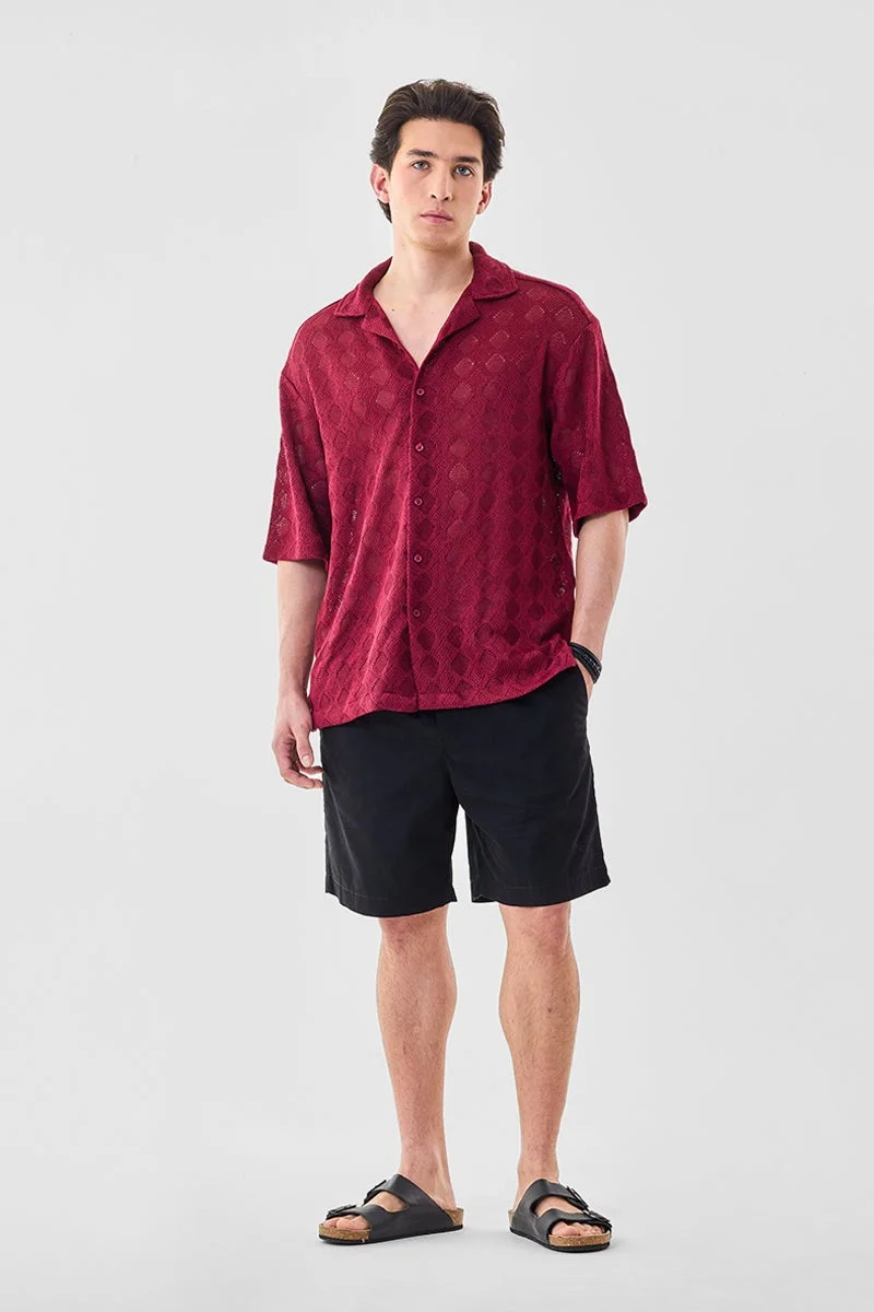 SNITCH Burgundy Burgundy Textured Half Sleeve Oversized Shirt for Men | Best Price UAE
