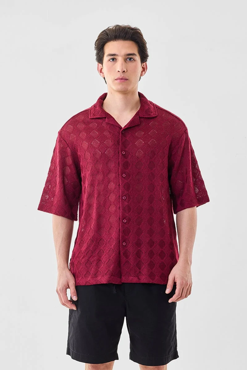 SNITCH Burgundy Burgundy Textured Half Sleeve Oversized Shirt for Men | Best Price UAE