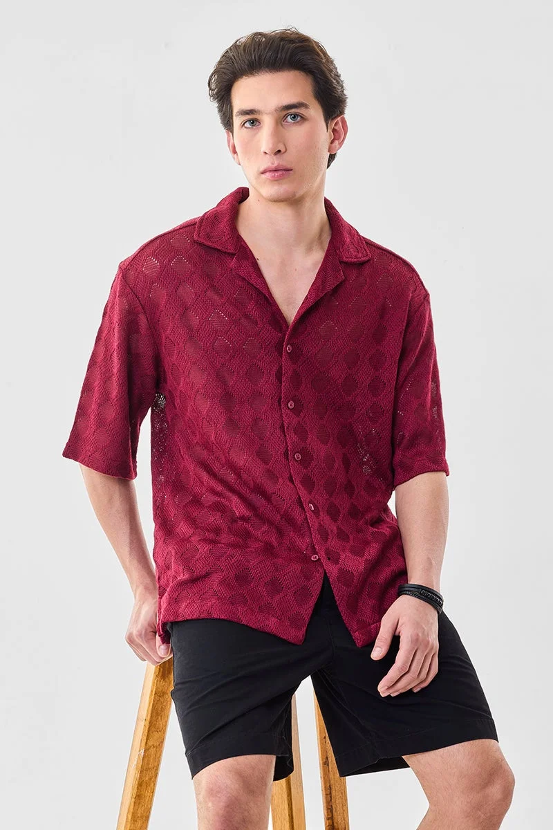 SNITCH Burgundy Burgundy Textured Half Sleeve Oversized Shirt for Men | Best Price UAE