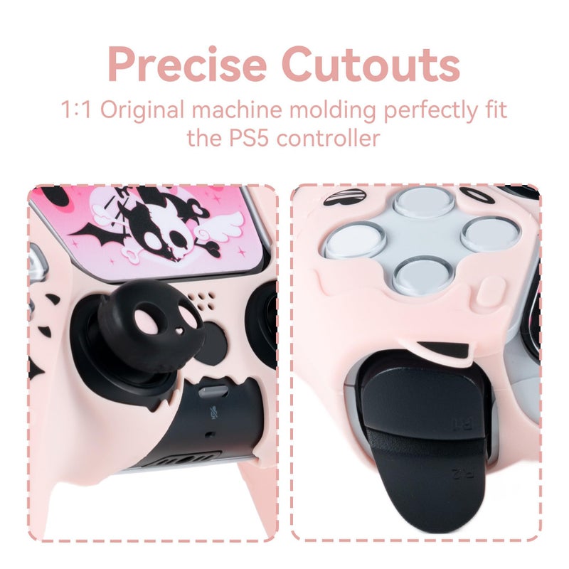 GEEKSHARE مجموعة غلاف وحدة التحكم GeekShare متوافقة مع PS5، غلاف سيليكون مضاد للانزلاق مع 2 غطاء قبضة إبهام و 1 ملصق - تصميم جمجمة الحبيبة (وردي) - Image 3