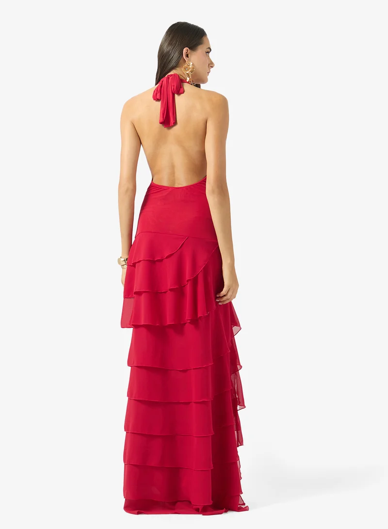 Ginger  Halter Neck Ruffle Detail Evening Dress for Women | Best Price UAE