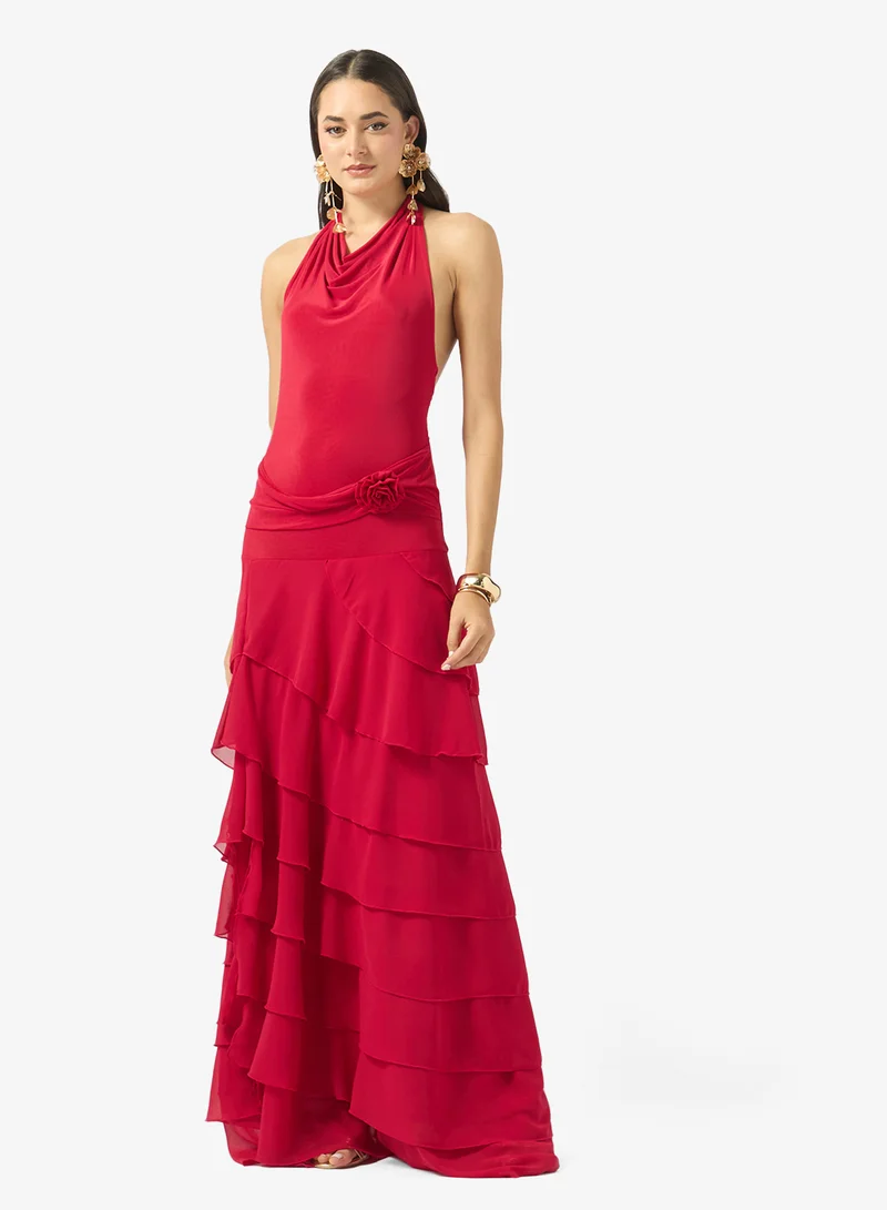 Halter Neck Ruffle Detail Evening Dress