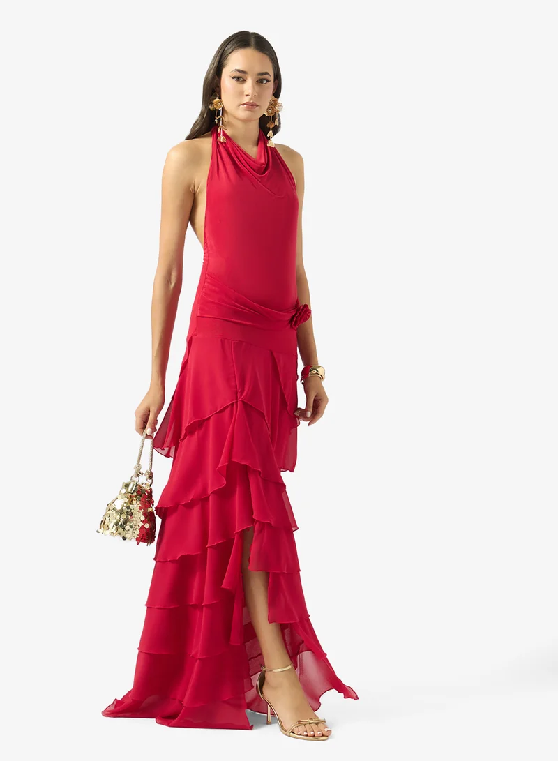 Ginger  Halter Neck Ruffle Detail Evening Dress for Women | Best Price UAE