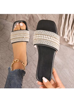 Generic Tweed Style Flat Bottom Slippers Womens Square Head Rhinestone Colorful Pearl One-row Flat Bottom Sandals Black 