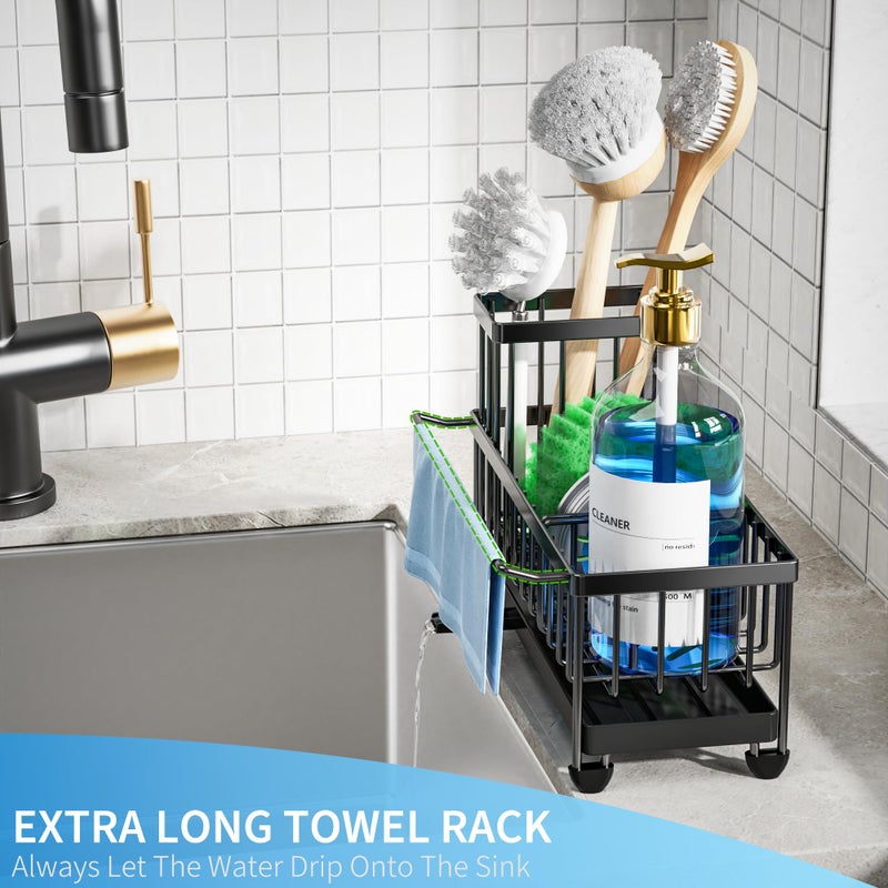 Cisily Sponge Holder for Kitchen Sink, Sink Caddy Organizer with High Brush Holder, Kitchen Countertop Organizers and Storage Essentials, Rustproof 304 Stainless Steel (Black with Towel Rack, 9.25â€³) - Image 2