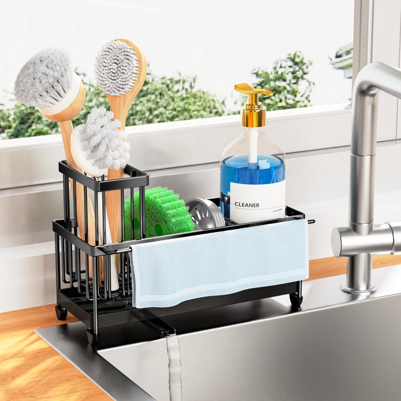 Cisily Sponge Holder for Kitchen Sink, Sink Caddy Organizer with High Brush Holder, Kitchen Countertop Organizers and Storage Essentials, Rustproof 304 Stainless Steel (Black with Towel Rack, 9.25â€³) - Image 1