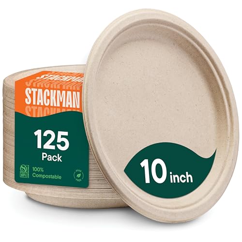 Stack Man Paper Plates, 100% Compostable Heavy Duty Disposable 10 Inch Plate - [125-Pack] - {PFAS-Free} - {BPI Certified} Eco-Friendly, Biodegradable Bagasse - Image 1