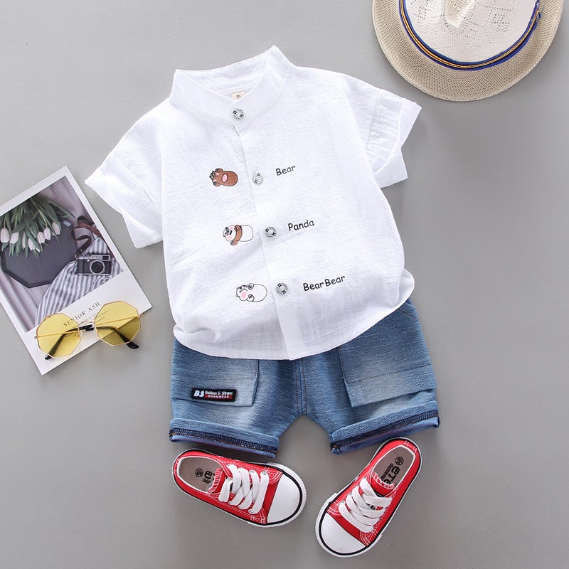 Foreign trade childrens clothing summer childrens cartoon letter shirt short sleeve shorts two boys suit manufacturers wholesale tide White 