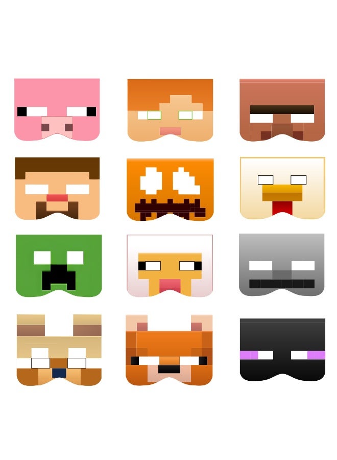general 12PCS Minecraft Party Half-Face Masks - Pixelated Character Cosplay Props for Photo Booth Halloween & Costume Party - Image 1