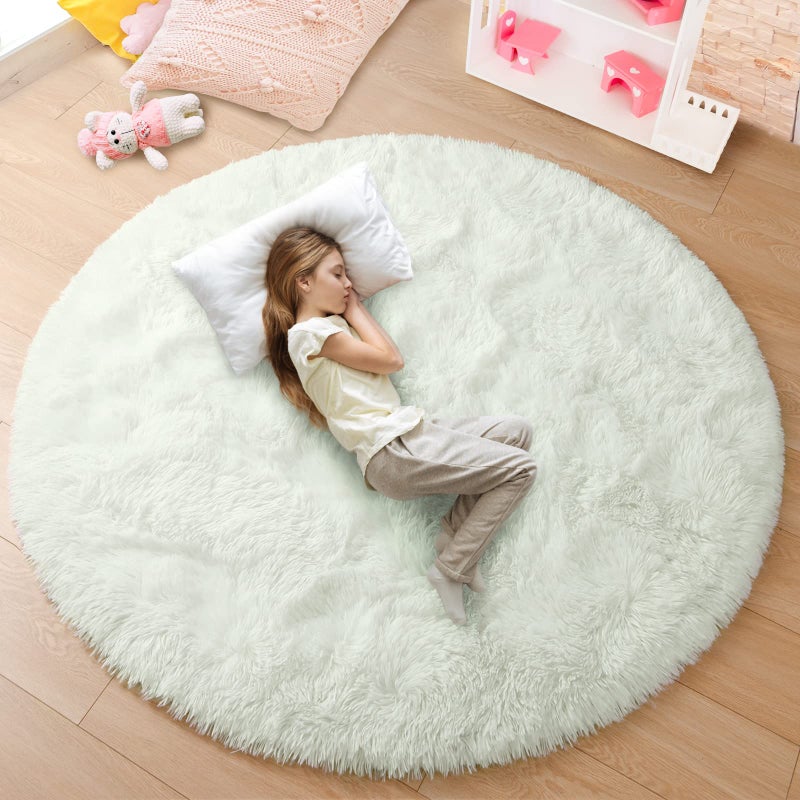 junovo Round Rug 4x4 Feet Fluffy Soft Area Rugs for Kids Girls Room Princess Castle Plush Shaggy Carpet Cute Circle Nursery Rug for Kids Girls Bedroom Baby Room Home Decor Circular Carpet Creamy