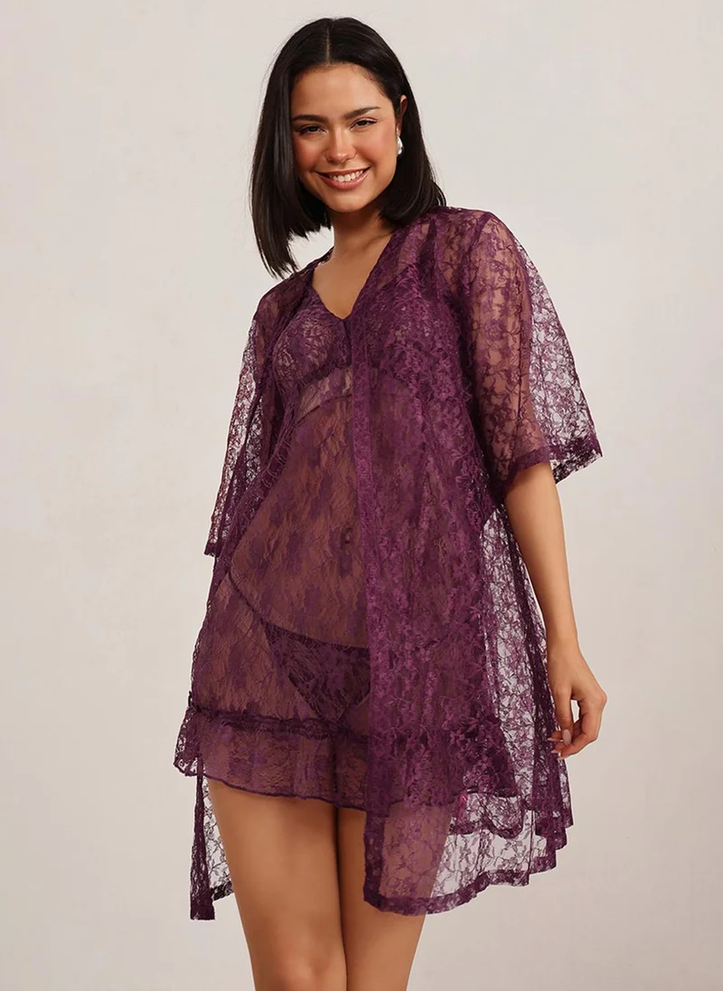 Clovia Clovia Chic Basic Sheer Robe in Wine - Lace