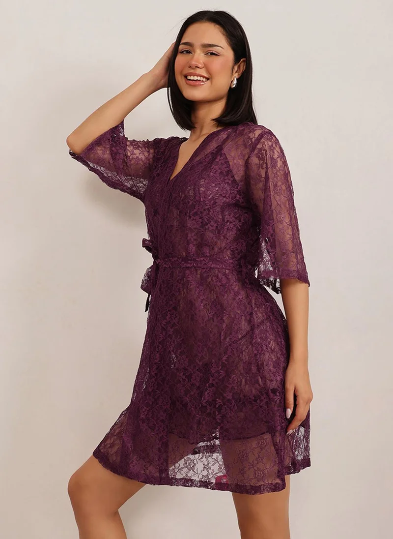 Clovia Clovia Chic Basic Sheer Robe in Wine - Lace