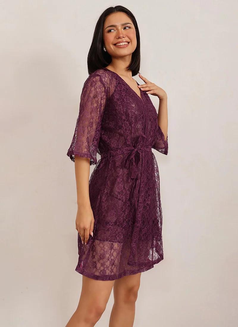 Clovia Clovia Chic Basic Sheer Robe in Wine - Lace