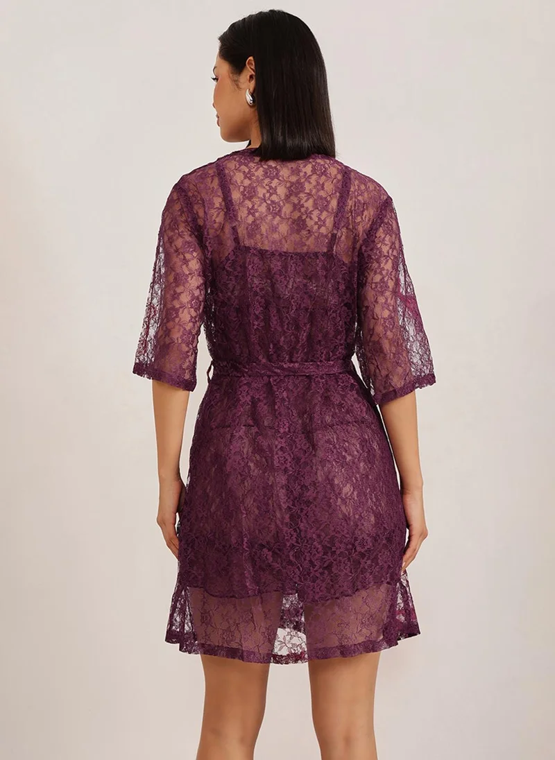 Clovia Clovia Chic Basic Sheer Robe in Wine - Lace