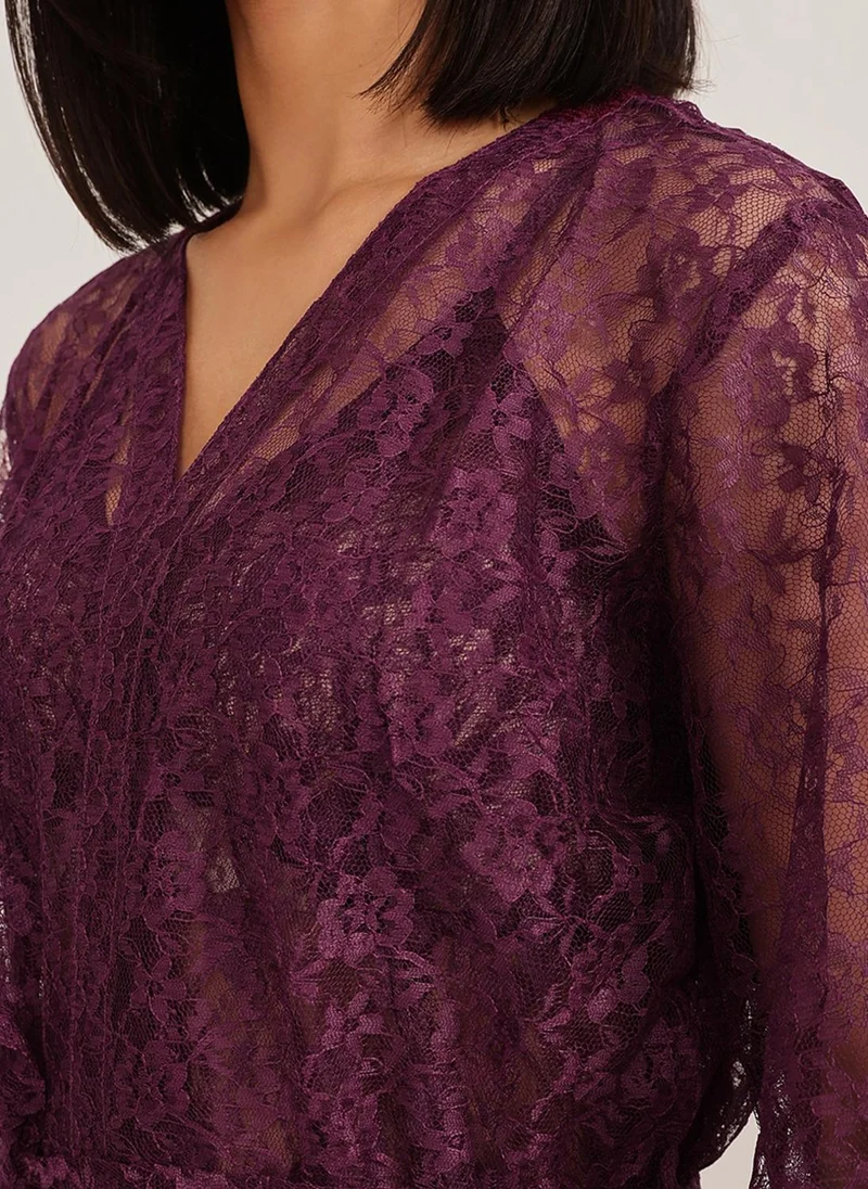 Clovia Clovia Chic Basic Sheer Robe in Wine - Lace