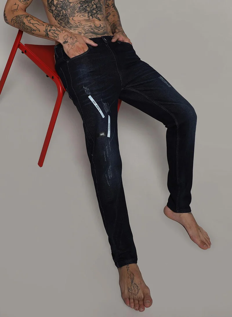 Men's Classic Navy Blue Dark-Wash Distressed Denim Jeans With Embroidered Detail | Skinny Fit Stretchable Cotton Mid-Rise Denim Jeans Crafted With Comfort Fit For Everyday Wear