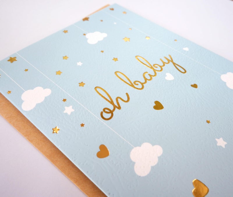CHRIZ.Z Baby Shower Card - Single Greeting Cards 5" x 7" with Kraft Envelope - Foil Printing "Oh Baby!" Congratulations Baby Shower for Newborn Baby- Blank Inside (Blue, Gold) - Image 3