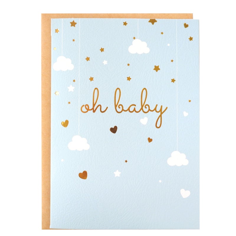 CHRIZ.Z Baby Shower Card - Single Greeting Cards 5" x 7" with Kraft Envelope - Foil Printing "Oh Baby!" Congratulations Baby Shower for Newborn Baby- Blank Inside (Blue, Gold) - Image 1
