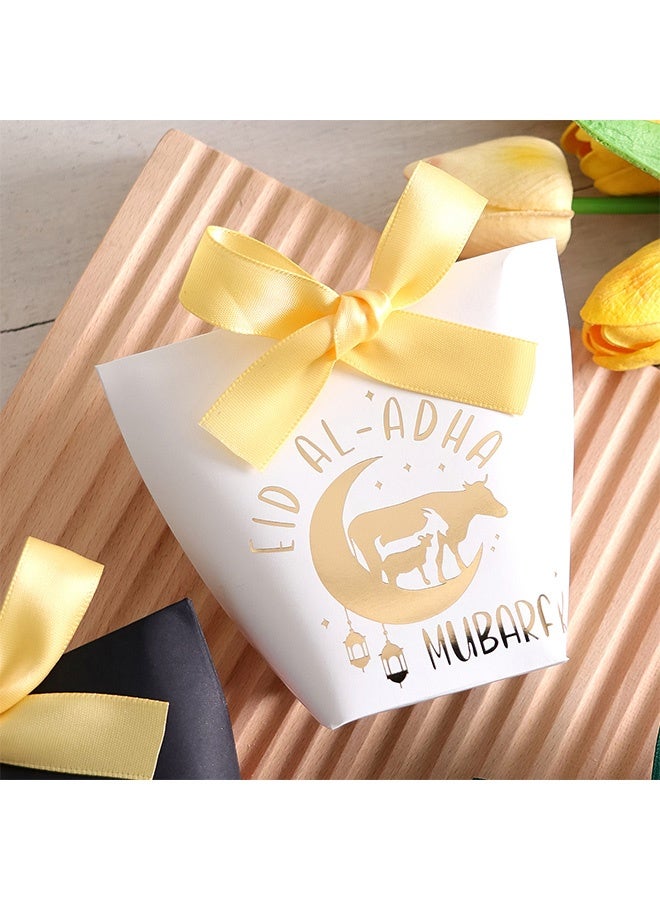 ١٠ صناديق هدايا عيد الأضحى بتصميم خط ذهبي "عيد الأضحى"، مزينة بشرائط ساتان أنيقة - مثالية للهدايا الاحتفالية خلال العيد - Image 3