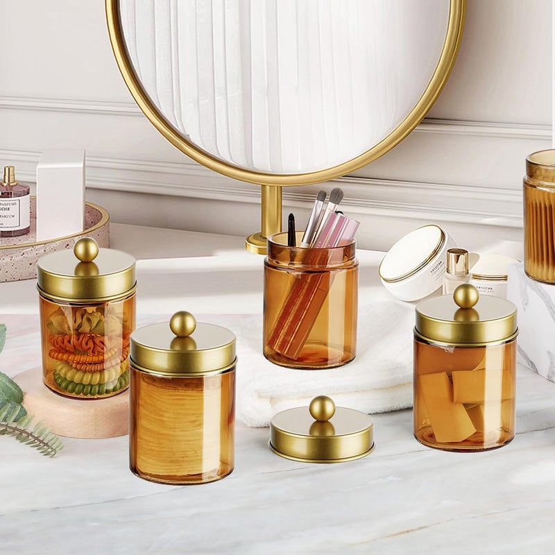 Amolliar Bronze Glass Apothecary Jar, Qtip Holder Metal Lid & Stickers, Bathroom Qtip Dispenser Storage Canister, Perfect for Cotton Balls, Cotton Swabs, Makeup Pads, Bath Salt, Floss, 4 Pack (Gold) - Image 3