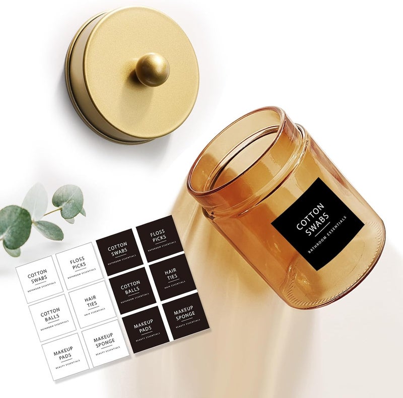 Amolliar Bronze Glass Apothecary Jar, Qtip Holder Metal Lid & Stickers, Bathroom Qtip Dispenser Storage Canister, Perfect for Cotton Balls, Cotton Swabs, Makeup Pads, Bath Salt, Floss, 4 Pack (Gold) - Image 2