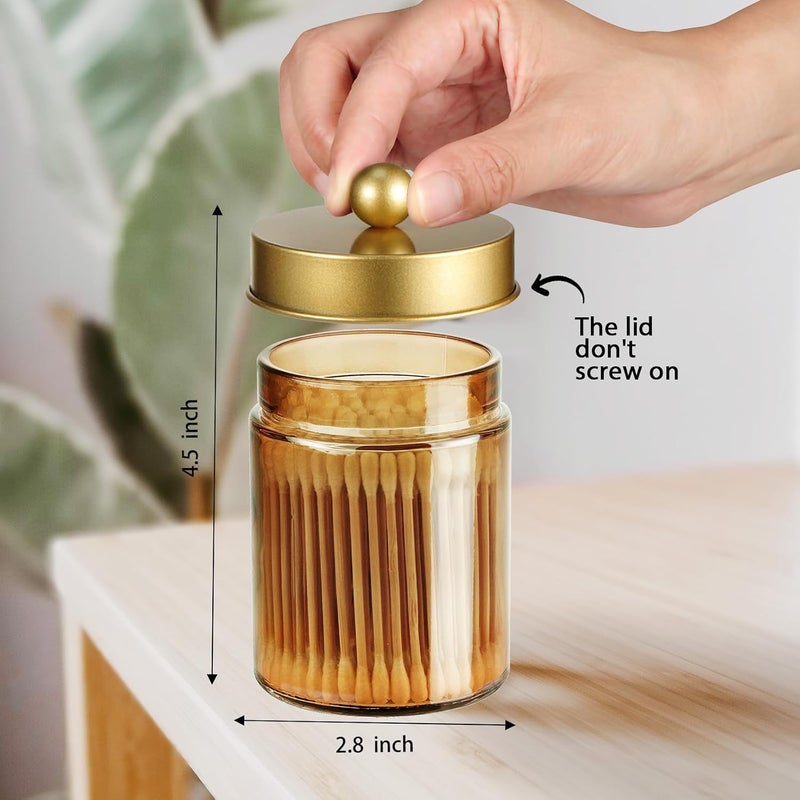 Amolliar Bronze Glass Apothecary Jar, Qtip Holder Metal Lid & Stickers, Bathroom Qtip Dispenser Storage Canister, Perfect for Cotton Balls, Cotton Swabs, Makeup Pads, Bath Salt, Floss, 4 Pack (Gold) - Image 4