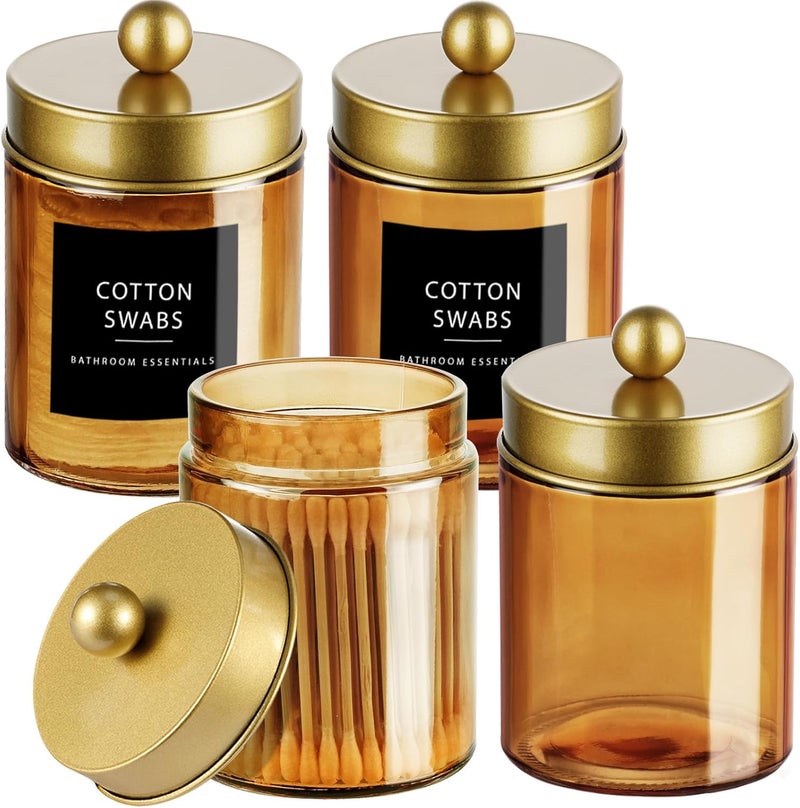 Amolliar Bronze Glass Apothecary Jar, Qtip Holder Metal Lid & Stickers, Bathroom Qtip Dispenser Storage Canister, Perfect for Cotton Balls, Cotton Swabs, Makeup Pads, Bath Salt, Floss, 4 Pack (Gold) - Image 1