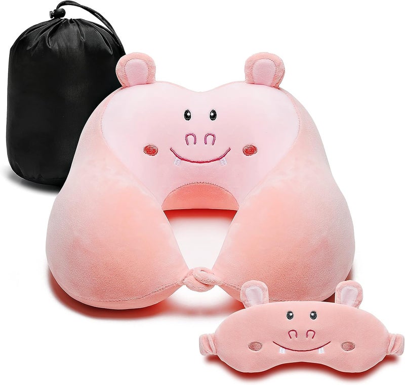 Travel Pillow, Cute Animal Memory Foam Neck Pillow with Soft Fleece Cover and Eye Mask Set, Airplane Pillow Travel Kit with Drawstring Organizer Bag, Machine Washable, Hippo - Image 1