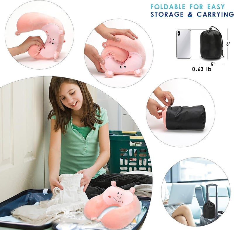 Travel Pillow, Cute Animal Memory Foam Neck Pillow with Soft Fleece Cover and Eye Mask Set, Airplane Pillow Travel Kit with Drawstring Organizer Bag, Machine Washable, Hippo - Image 5