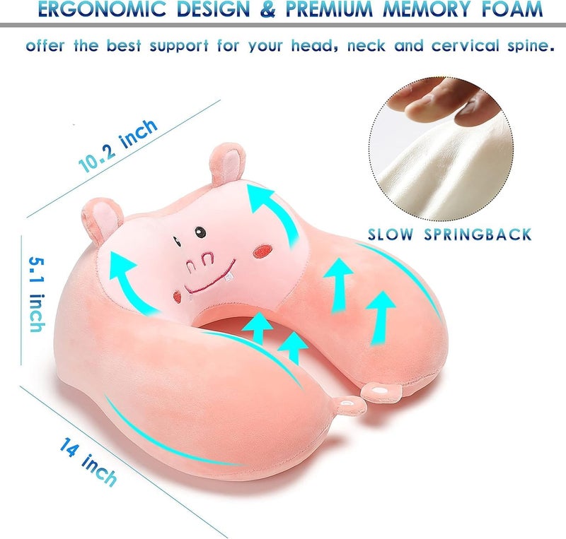 Travel Pillow, Cute Animal Memory Foam Neck Pillow with Soft Fleece Cover and Eye Mask Set, Airplane Pillow Travel Kit with Drawstring Organizer Bag, Machine Washable, Hippo - Image 3