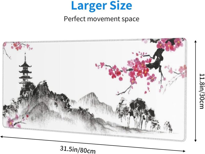 Excefore Gaming Mouse Pad Black And White Plum Bossom Cherry Blossom, Extended Large Mouse Mat Desk Pad, Stitched Edges Mousepad, Long Non-Slip Rubber Base Mice Pad (31.5X11.8X0.12 Inch, A1) - Image 3