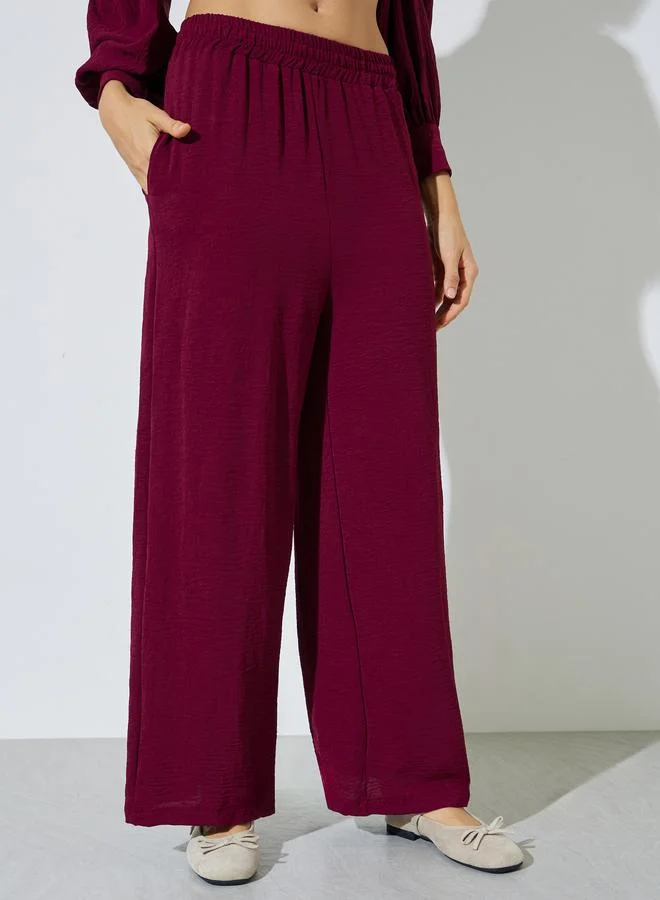 Styli  Burgundy Longline Shirt and Wide Leg Co-Ords for Women | Best Price UAE
